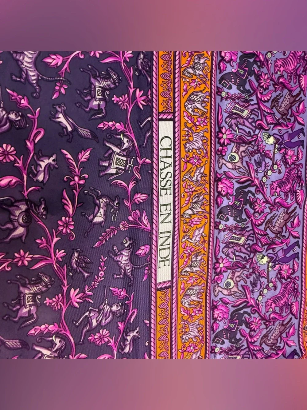 Hermes Silk Scarf Chasse En Inde Purple Orange India Hunter Tiger Elephant Horse - Picture 7 of 12